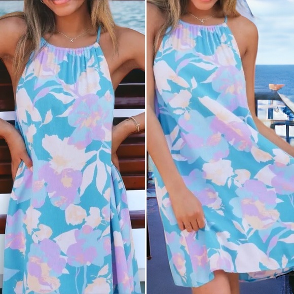 BAHAMA BLUES SUMMER FLORAL DRESS. LINED, MINI LENGTH, HALTER NECKLINE. GREAT CON - Picture 14 of 16